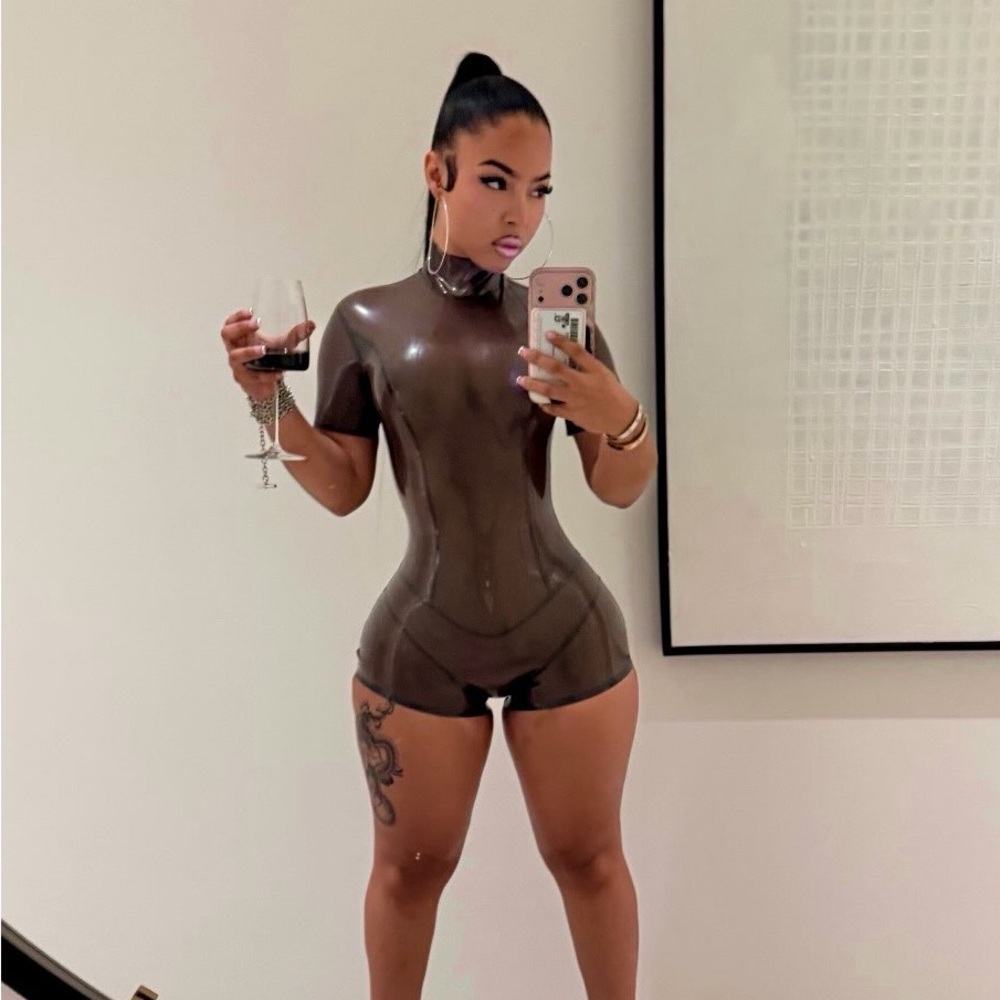Fitted Short-Sleeve Latex Romper in Brown
